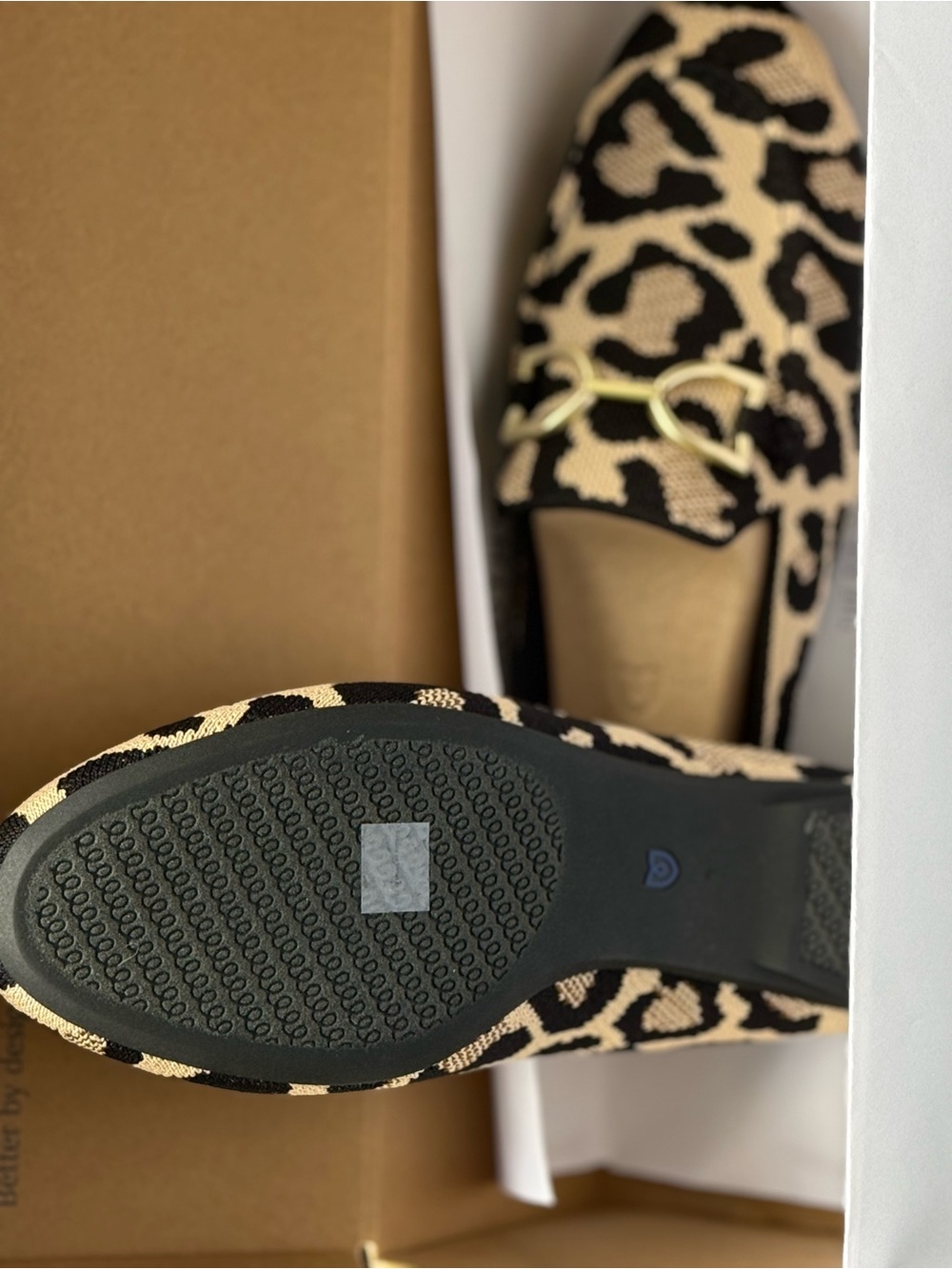 Rothy's Black and Beige Leopard Knit Slip-On Mules with Gold Buckle - Picture 3 of 4